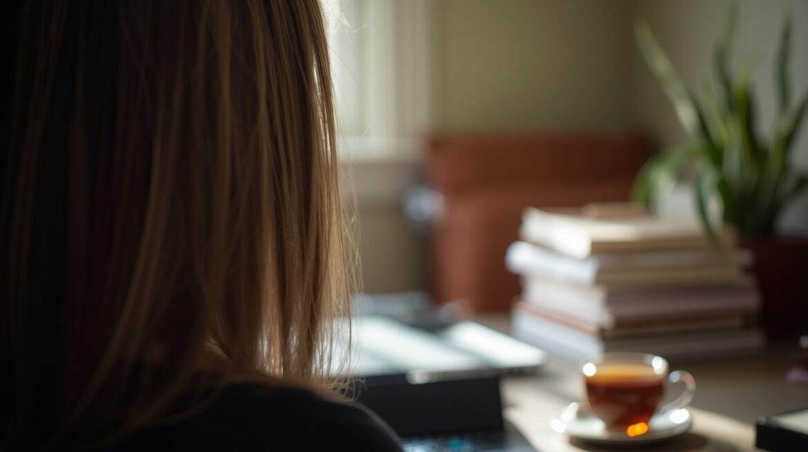 copywriter working from home with coffee and books in the background