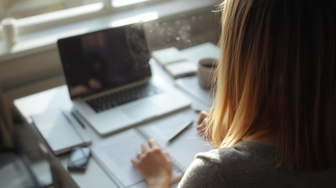 copywriter working from home at desk with notepad, laptop and coffee